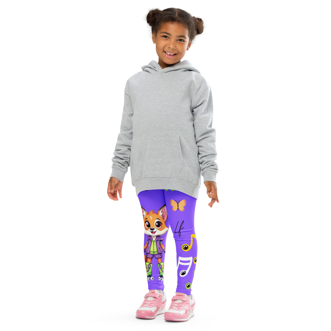 Roller Fox Girls Leggings, purple background with an orange fox wearing purple and neon green sportswear and neon green roller skates on one leg, "GOOD VIBES" text in white above, and orange-green butterflies and orange, green, and white music notes on the other leg, front pose with arms at sides on model