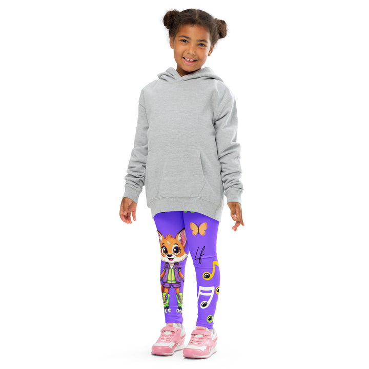 Roller Fox Girls Leggings, purple background with an orange fox wearing purple and neon green sportswear and neon green roller skates on one leg, "GOOD VIBES" text in white above, and orange-green butterflies and orange, green, and white music notes on the other leg, front pose with arms at sides on model