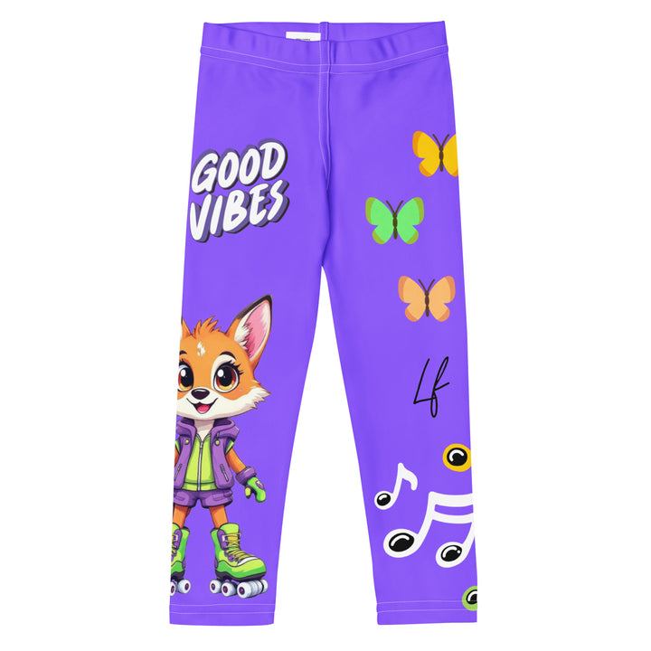  Roller Fox Girls Leggings, purple background with an orange fox wearing purple and neon green sportswear and neon green roller skates on one leg, "GOOD VIBES" text in white above, and orange-green butterflies and orange, green, and white music notes on the other leg, front view