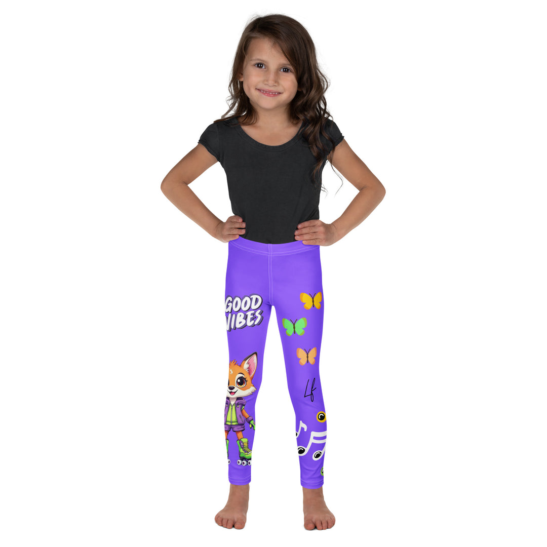 Roller Fox Girls Leggings, purple background with an orange fox wearing purple and neon green sportswear and neon green roller skates on one leg, "GOOD VIBES" text in white above, and orange-green butterflies and orange, green, and white music notes on the other leg, front view on model