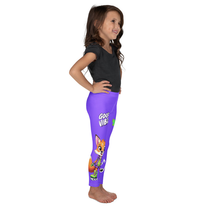 Roller Fox Girls Leggings, purple background with an orange fox wearing purple and neon green sportswear and neon green roller skates on one leg, "GOOD VIBES" text in white above, and orange-green butterflies and orange, green, and white music notes on the other leg, right side view on model