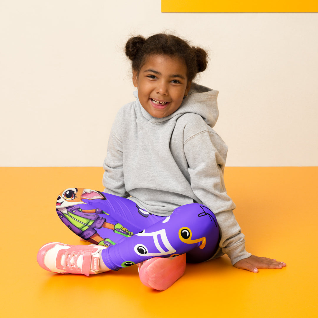  Roller Fox Girls Leggings, purple background with an orange fox wearing purple and neon green sportswear and neon green roller skates on one leg, "GOOD VIBES" text in white above, and orange-green butterflies and orange, green, and white music notes on the other leg, seated pose on model