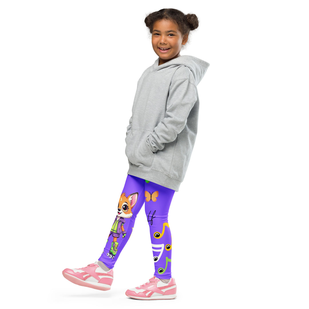 Roller Fox Girls Leggings, purple background with an orange fox wearing purple and neon green sportswear and neon green roller skates on one leg, "GOOD VIBES" text in white above, and orange-green butterflies and orange, green, and white music notes on the other leg, side view with one leg lifted and extended on model