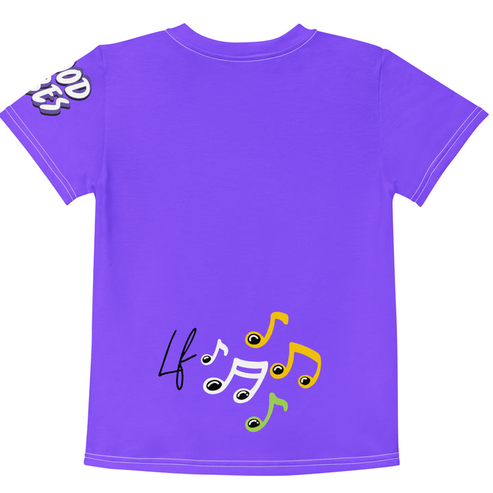  Roller Fox Girls T-shirt, purple background with an orange fox wearing purple and neon green sporty outfit and neon green roller skates on the front, "GOOD VIBES" text in white on the left sleeve, and purple, green, and white music notes on the back, back view