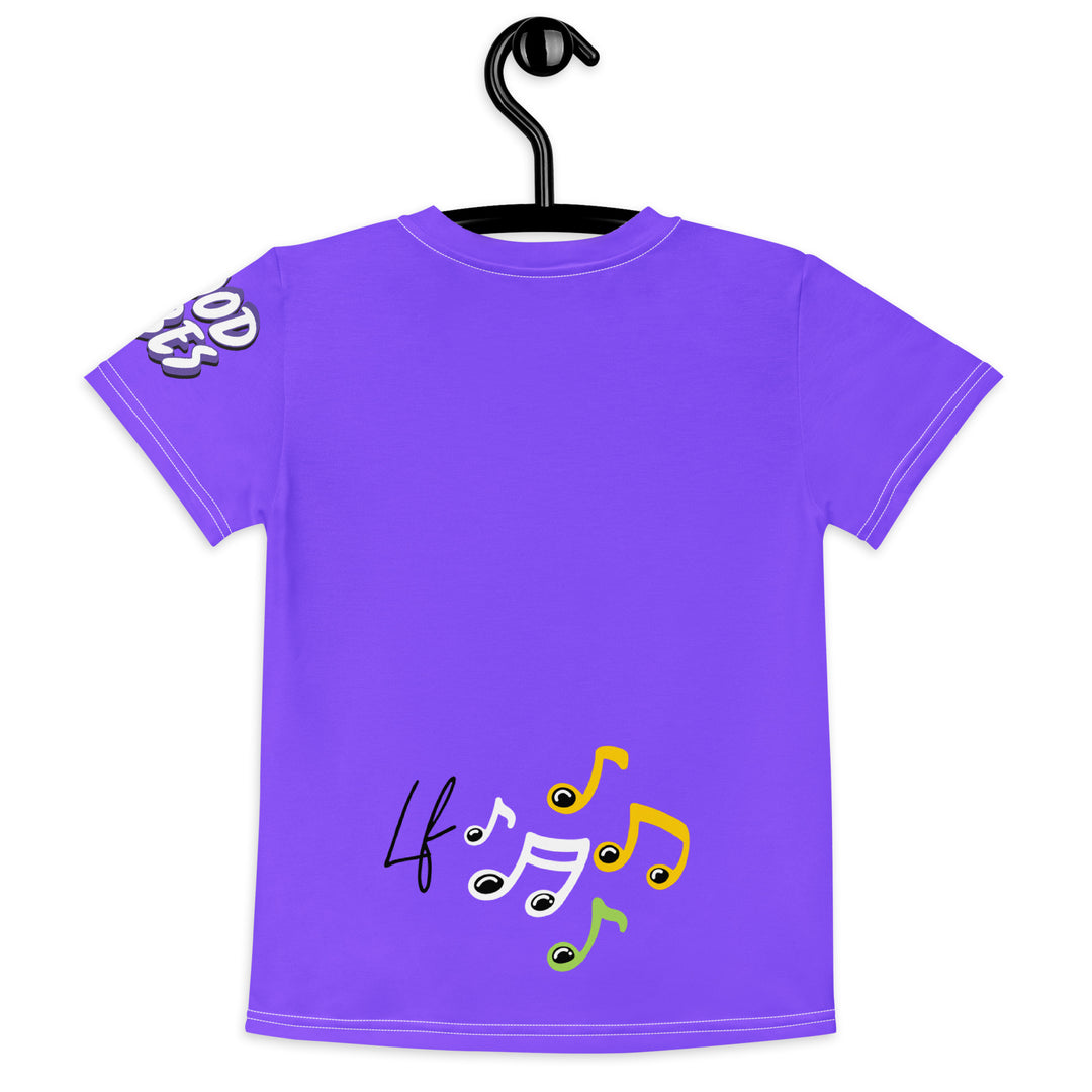 Roller Fox Girls T-shirt, purple background with an orange fox wearing purple and neon green sporty outfit and neon green roller skates on the front, "GOOD VIBES" text in white on the left sleeve, and purple, green, and white music notes on the back, back view on hanger