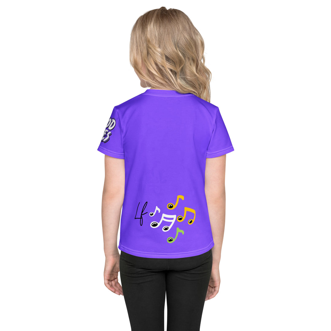  Roller Fox Girls T-shirt, purple background with an orange fox wearing purple and neon green sporty outfit and neon green roller skates on the front, "GOOD VIBES" text in white on the left sleeve, and purple, green, and white music notes on the back, back view on model