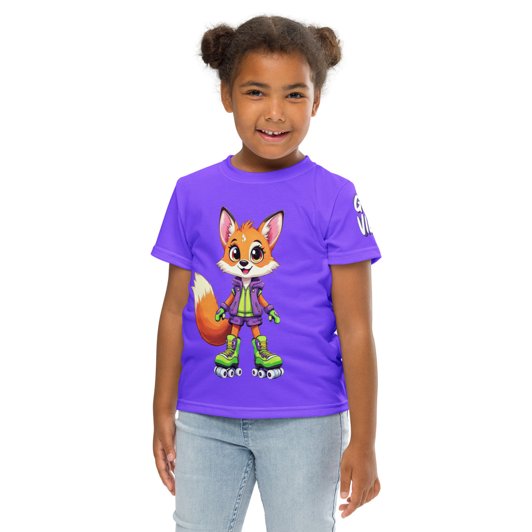  Roller Fox Girls T-shirt, purple background with an orange fox wearing purple and neon green sporty outfit and neon green roller skates on the front, "GOOD VIBES" text in white on the left sleeve, and purple, green, and white music notes on the back, front pose with arms at sides on model