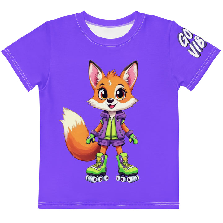 Roller Fox Girls T-shirt, purple background with an orange fox wearing purple and neon green sporty outfit and neon green roller skates on the front, "GOOD VIBES" text in white on the left sleeve, and purple, green, and white music notes on the back, front view