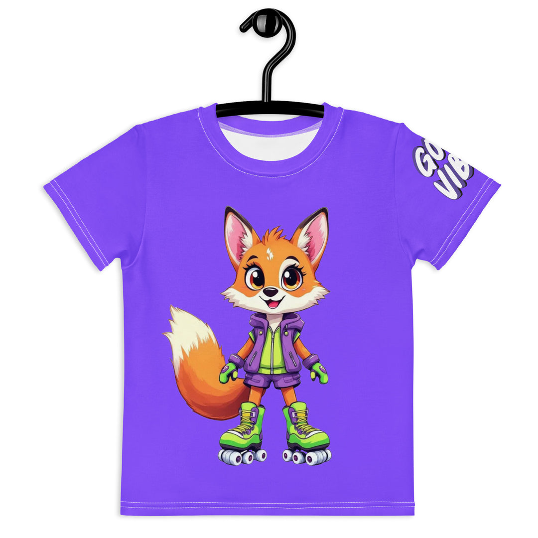 Roller Fox Girls T-shirt, purple background with an orange fox wearing purple and neon green sporty outfit and neon green roller skates on the front, "GOOD VIBES" text in white on the left sleeve, and purple, green, and white music notes on the back, front view on hanger
