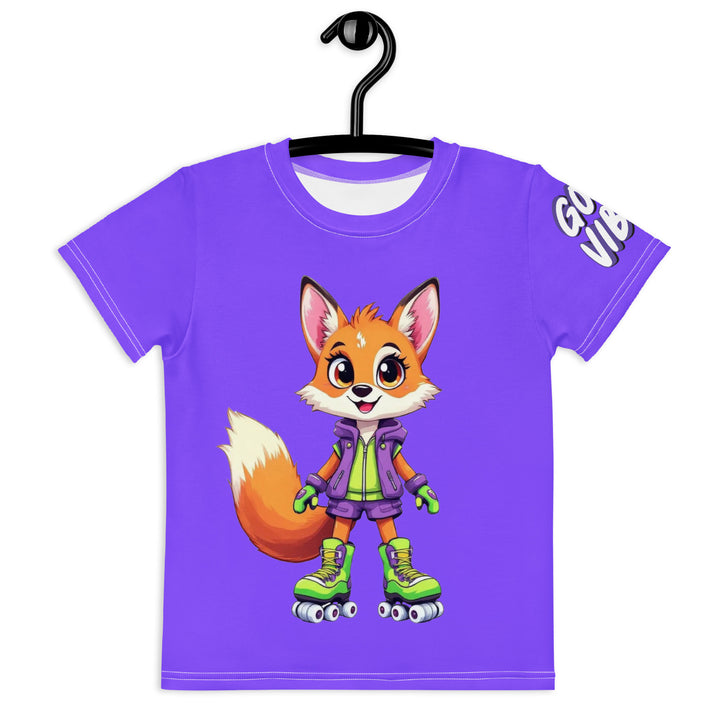 Roller Fox Girls T-shirt, purple background with an orange fox wearing purple and neon green sporty outfit and neon green roller skates on the front, "GOOD VIBES" text in white on the left sleeve, and purple, green, and white music notes on the back, front view on hanger