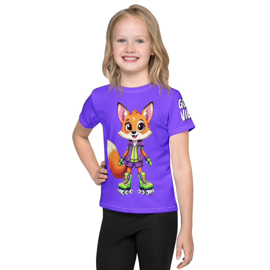 Roller Fox Girls T-shirt, purple background with an orange fox wearing purple and neon green sporty outfit and neon green roller skates on the front, "GOOD VIBES" text in white on the left sleeve, and purple, green, and white music notes on the back, front view on model