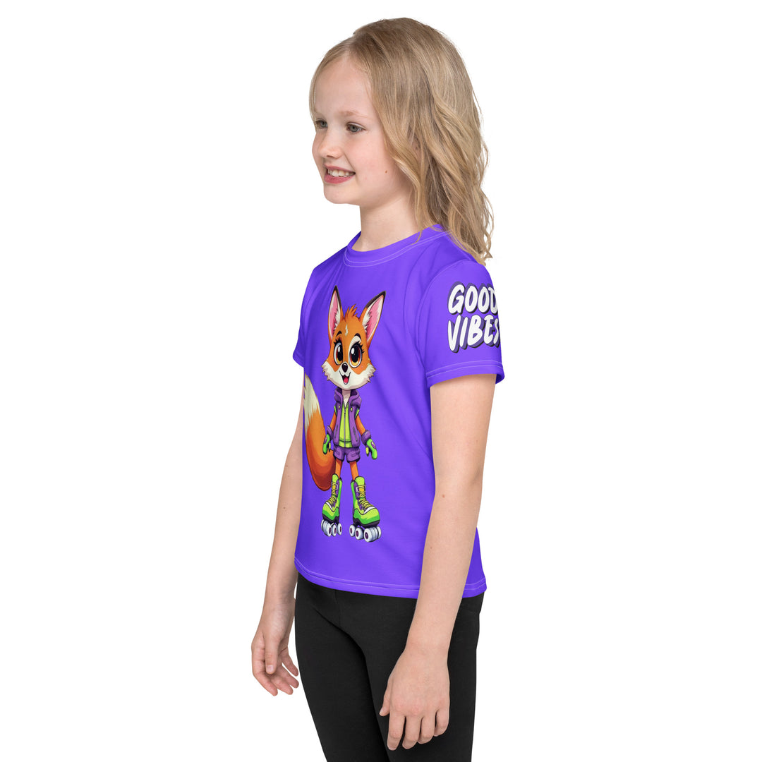  Roller Fox Girls T-shirt, purple background with an orange fox wearing purple and neon green sporty outfit and neon green roller skates on the front, "GOOD VIBES" text in white on the left sleeve, and purple, green, and white music notes on the back, left side view on model