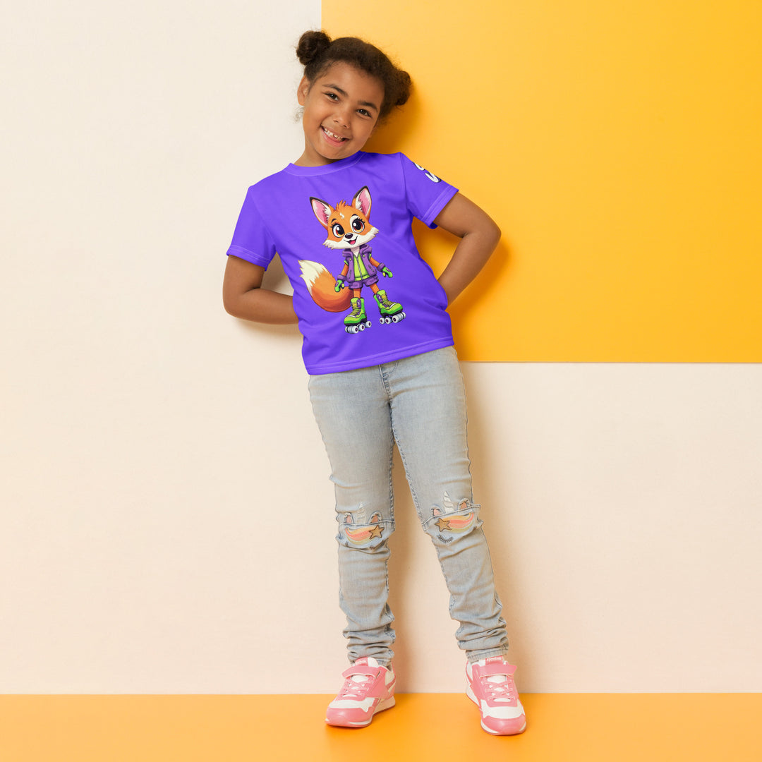  Roller Fox Girls T-shirt, purple background with an orange fox wearing purple and neon green sporty outfit and neon green roller skates on the front, "GOOD VIBES" text in white on the left sleeve, and purple, green, and white music notes on the back, relaxed front pose on model