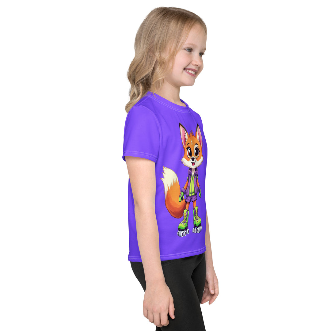 Roller Fox Girls T-shirt, purple background with an orange fox wearing purple and neon green sporty outfit and neon green roller skates on the front, "GOOD VIBES" text in white on the left sleeve, and purple, green, and white music notes on the back, right side view on model