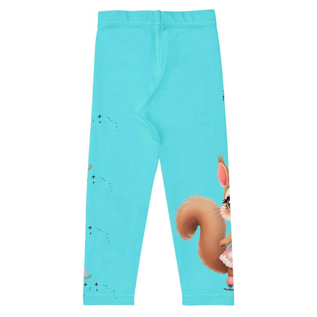 Skate Squirrel Girls Leggings, pastel blue background with a squirrel wearing a pink dress and ice skates on one leg, pastel pink and blue hearts with pink skates on the other leg, and black sparkling star details winding between the elements, back view
