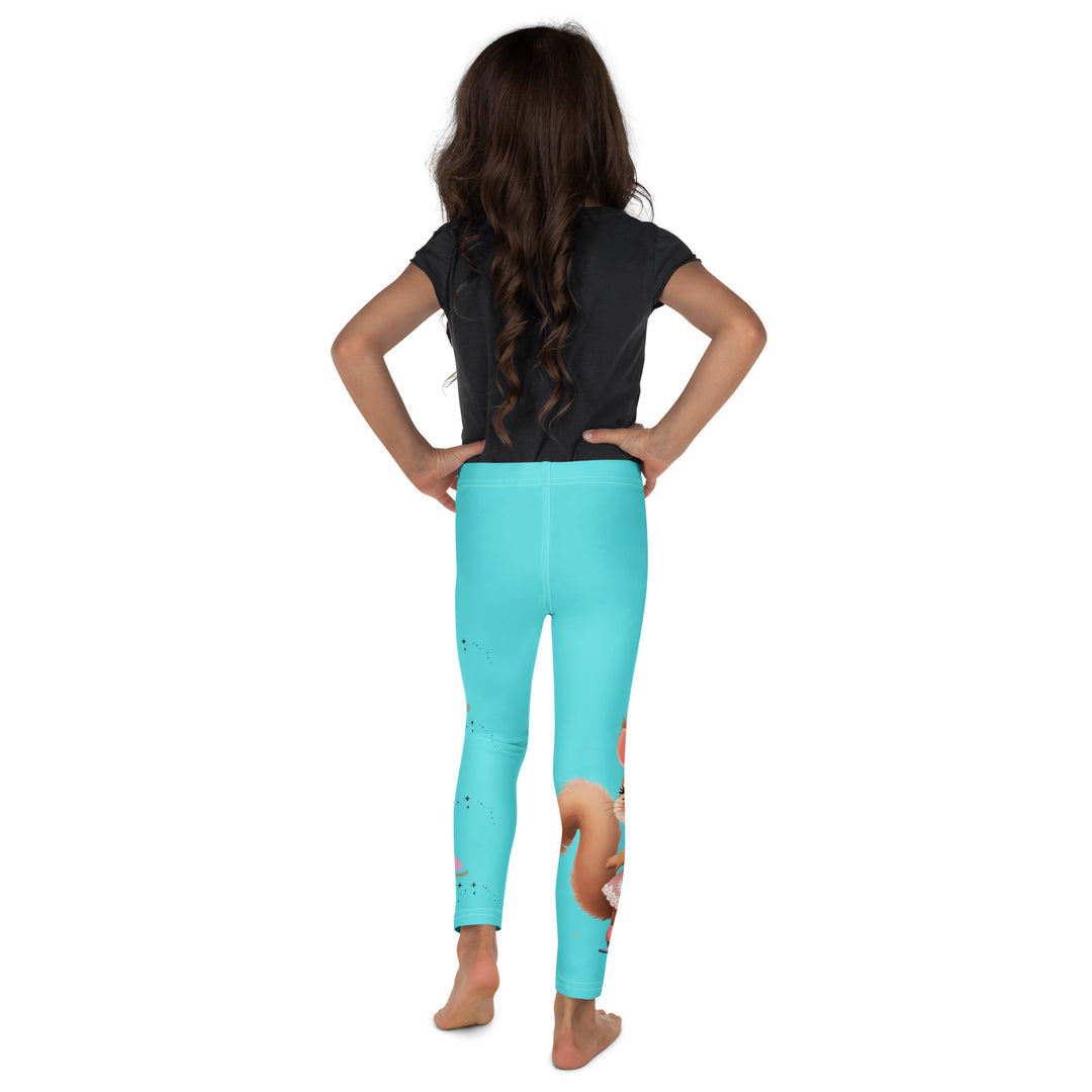 Skate Squirrel Girls Leggings, pastel blue background with a squirrel wearing a pink dress and ice skates on one leg, pastel pink and blue hearts with pink skates on the other leg, and black sparkling star details winding between the elements, back view on model