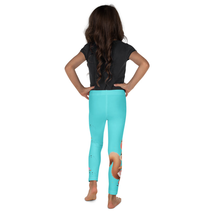 Skate Squirrel Girls Leggings, pastel blue background with a squirrel wearing a pink dress and ice skates on one leg, pastel pink and blue hearts with pink skates on the other leg, and black sparkling star details winding between the elements, back view on model