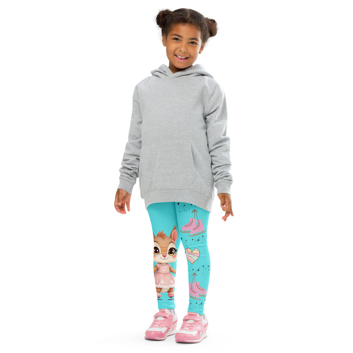  Skate Squirrel Girls Leggings, pastel blue background with a squirrel wearing a pink dress and ice skates on one leg, pastel pink and blue hearts with pink skates on the other leg, and black sparkling star details winding between the elements, front pose with arms at sides on model