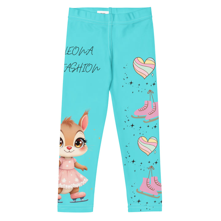 Skate Squirrel Girls Leggings, pastel blue background with a squirrel wearing a pink dress and ice skates on one leg, pastel pink and blue hearts with pink skates on the other leg, and black sparkling star details winding between the elements, front view-with a visible 'Leona Fashion' text on the design