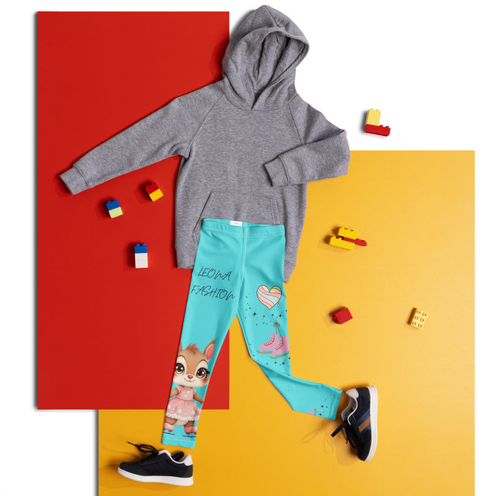 Skate Squirrel Girls Leggings, pastel blue background with a squirrel wearing a pink dress and ice skates on one leg, pastel pink and blue hearts with pink skates on the other leg, and black sparkling star details winding between the elements, front view laid flat on floor-with a visible 'Leona Fashion' text on the design