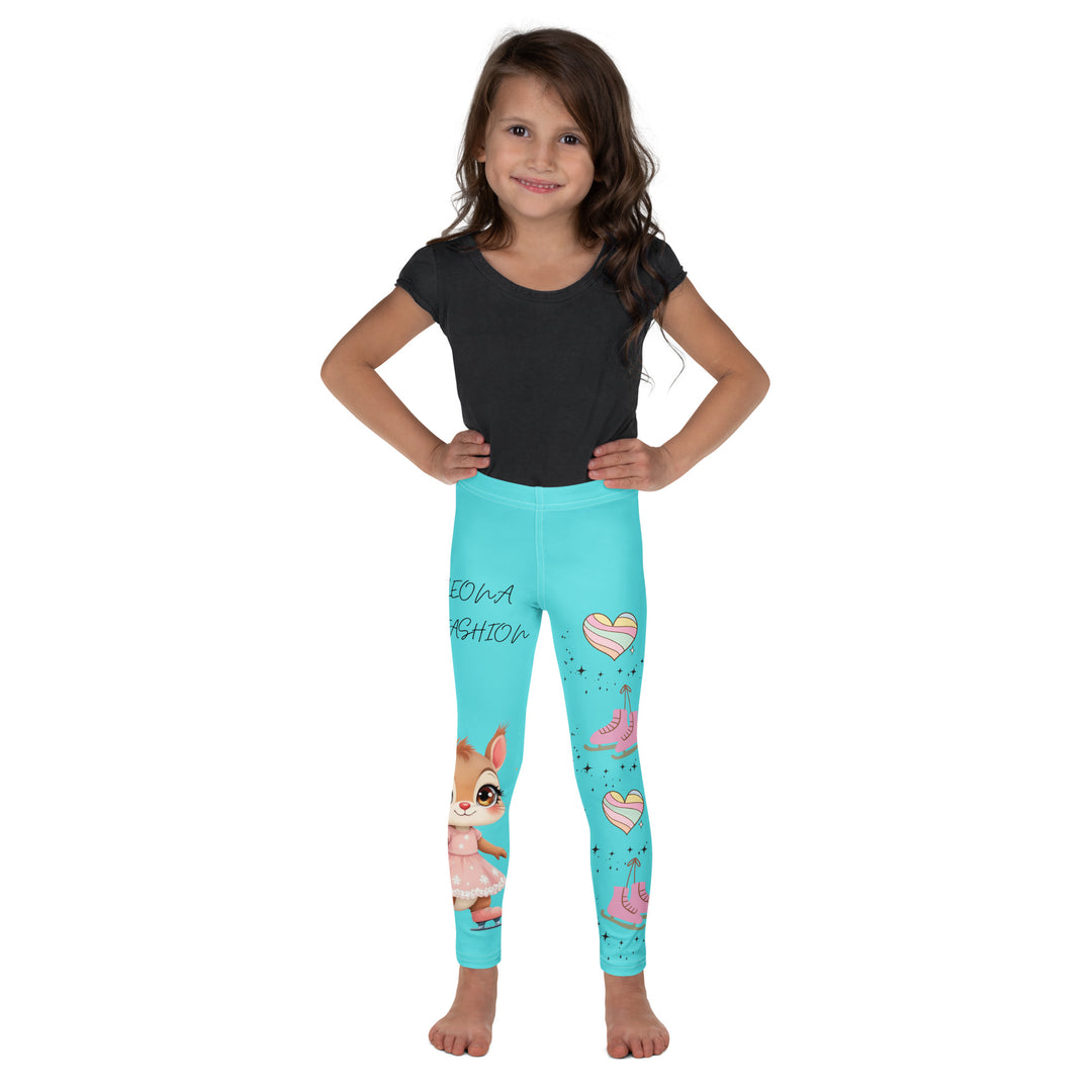  Skate Squirrel Girls Leggings, pastel blue background with a squirrel wearing a pink dress and ice skates on one leg, pastel pink and blue hearts with pink skates on the other leg, and black sparkling star details winding between the elements, front view on model-with a visible 'Leona Fashion' text on the design