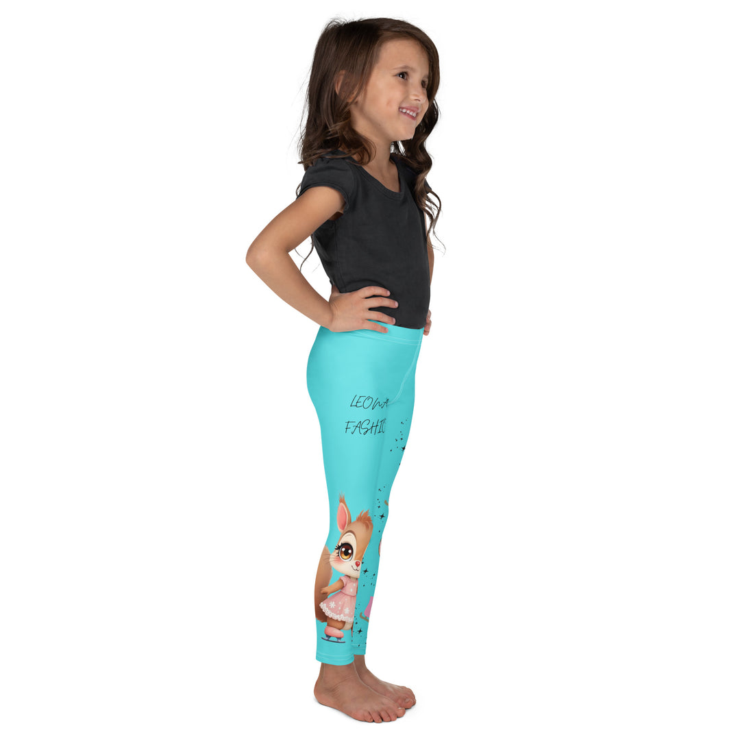 Skate Squirrel Girls Leggings, pastel blue background with a squirrel wearing a pink dress and ice skates on one leg, pastel pink and blue hearts with pink skates on the other leg, and black sparkling star details winding between the elements, right side view on model-with a visible 'Leona Fashion' text on the design