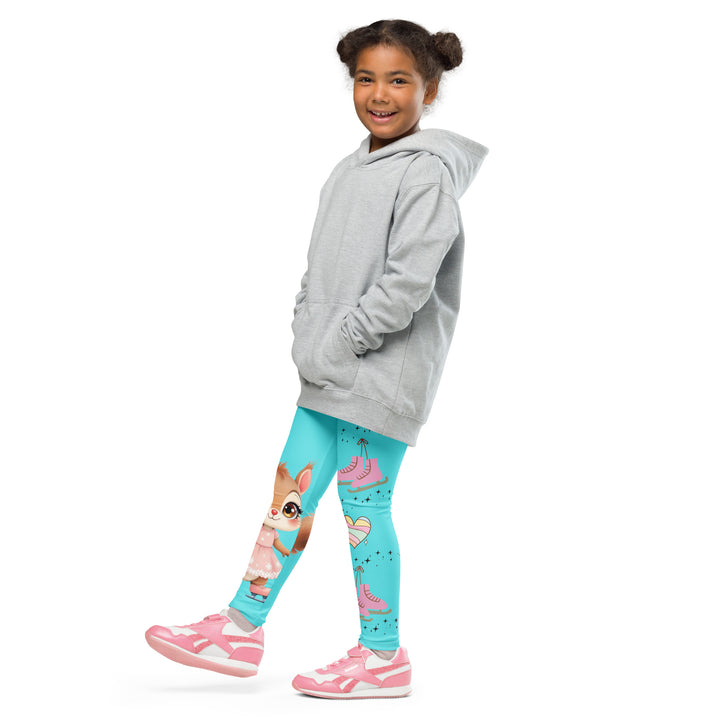 Skate Squirrel Girls Leggings, pastel blue background with a squirrel wearing a pink dress and ice skates on one leg, pastel pink and blue hearts with pink skates on the other leg, and black sparkling star details winding between the elements, side view with one leg lifted and extended on model