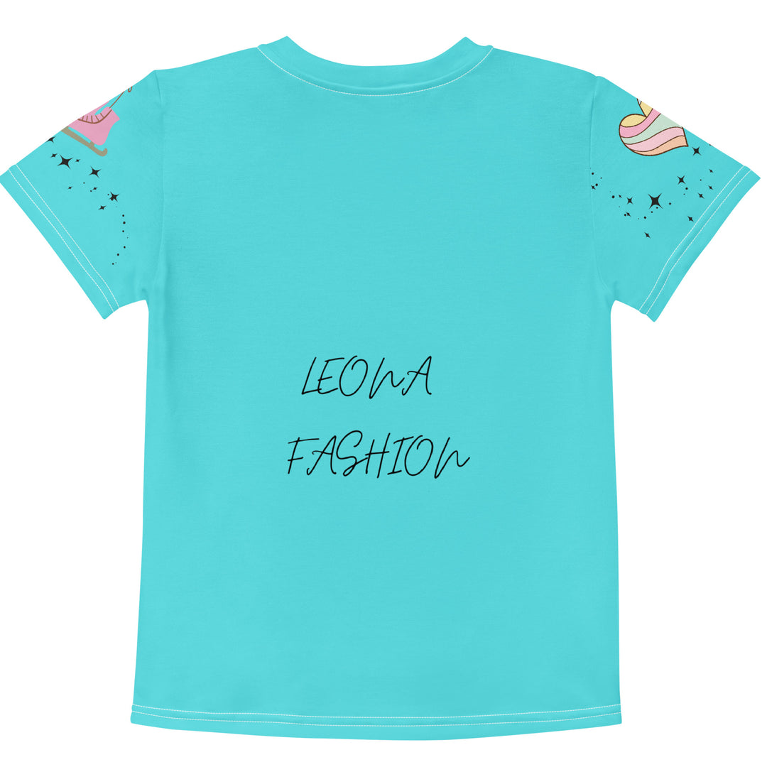 Skate Squirrel Girls T-shirt, pastel blue background with a squirrel wearing pink leggings and ice skates on the front, pink skates with small sparkling black stars on the left sleeve, and a pastel pink and blue heart with tiny sparkling black stars on the right sleeve, back view-with a visible 'Leona Fashion' text on the design