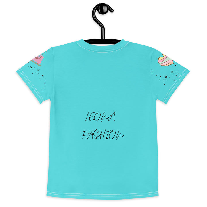 Skate Squirrel Girls T-shirt, pastel blue background with a squirrel wearing pink leggings and ice skates on the front, pink skates with small sparkling black stars on the left sleeve, and a pastel pink and blue heart with tiny sparkling black stars on the right sleeve, back view on hanger-with a visible 'Leona Fashion' text on the design