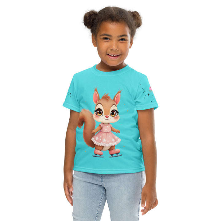 Skate Squirrel Girls T-shirt, pastel blue background with a squirrel wearing pink leggings and ice skates on the front, pink skates with small sparkling black stars on the left sleeve, and a pastel pink and blue heart with tiny sparkling black stars on the right sleeve, front pose with arms at sides on model