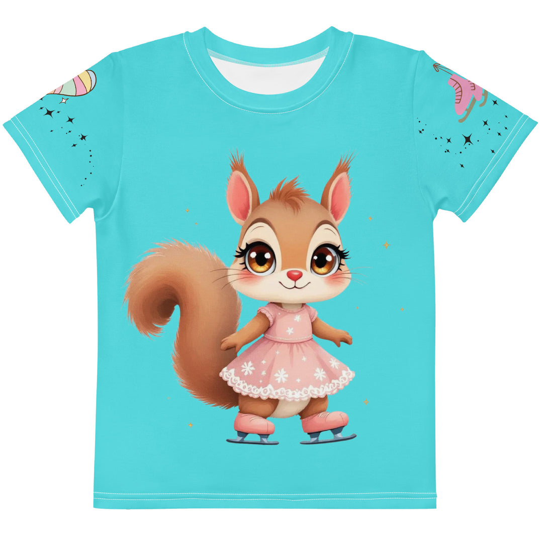 Skate Squirrel Girls T-shirt, pastel blue background with a squirrel wearing pink leggings and ice skates on the front, pink skates with small sparkling black stars on the left sleeve, and a pastel pink and blue heart with tiny sparkling black stars on the right sleeve, front view