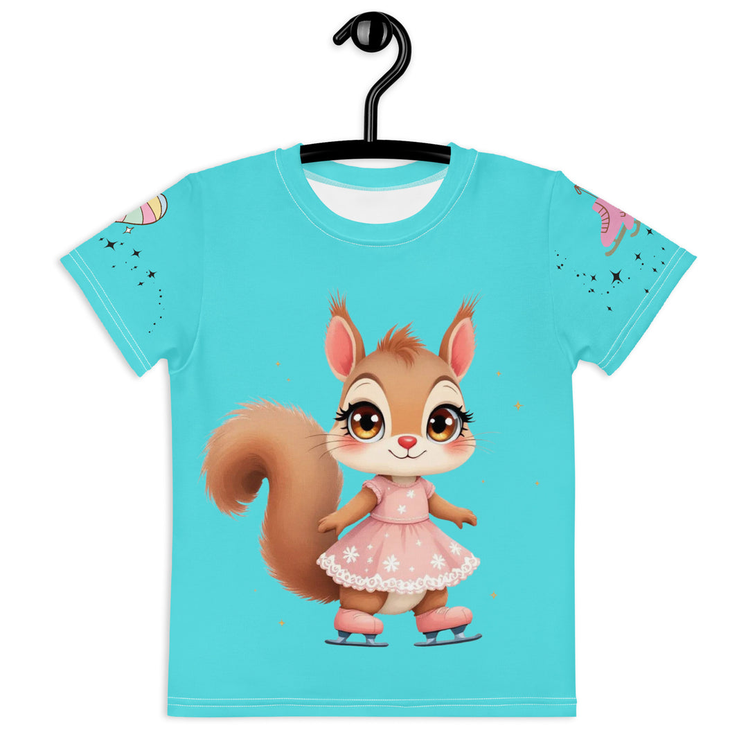 Skate Squirrel Girls T-shirt, pastel blue background with a squirrel wearing pink leggings and ice skates on the front, pink skates with small sparkling black stars on the left sleeve, and a pastel pink and blue heart with tiny sparkling black stars on the right sleeve, front view on hanger