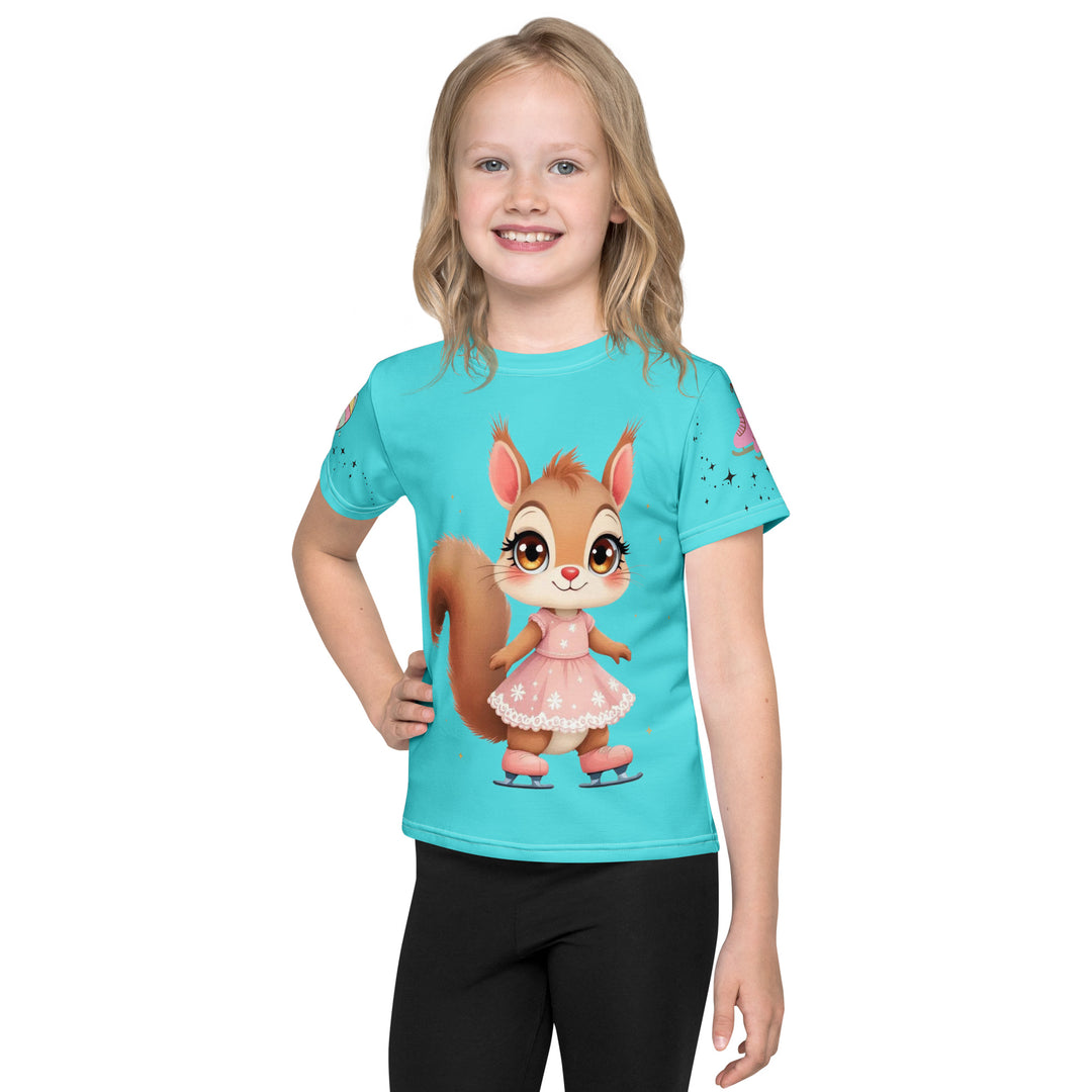 Skate Squirrel Girls T-shirt, pastel blue background with a squirrel wearing pink leggings and ice skates on the front, pink skates with small sparkling black stars on the left sleeve, and a pastel pink and blue heart with tiny sparkling black stars on the right sleeve, front view on model