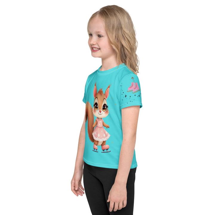 Skate Squirrel Girls T-shirt, pastel blue background with a squirrel wearing pink leggings and ice skates on the front, pink skates with small sparkling black stars on the left sleeve, and a pastel pink and blue heart with tiny sparkling black stars on the right sleeve, left side view on model