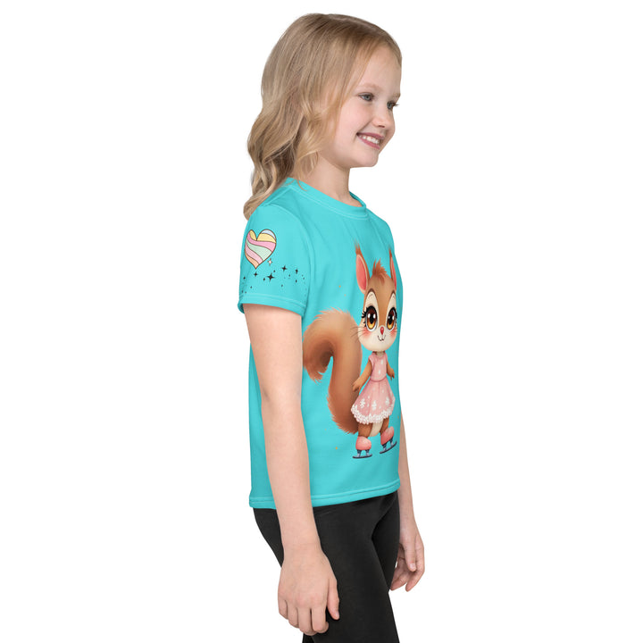 Skate Squirrel Girls T-shirt, pastel blue background with a squirrel wearing pink leggings and ice skates on the front, pink skates with small sparkling black stars on the left sleeve, and a pastel pink and blue heart with tiny sparkling black stars on the right sleeve, right side view on model