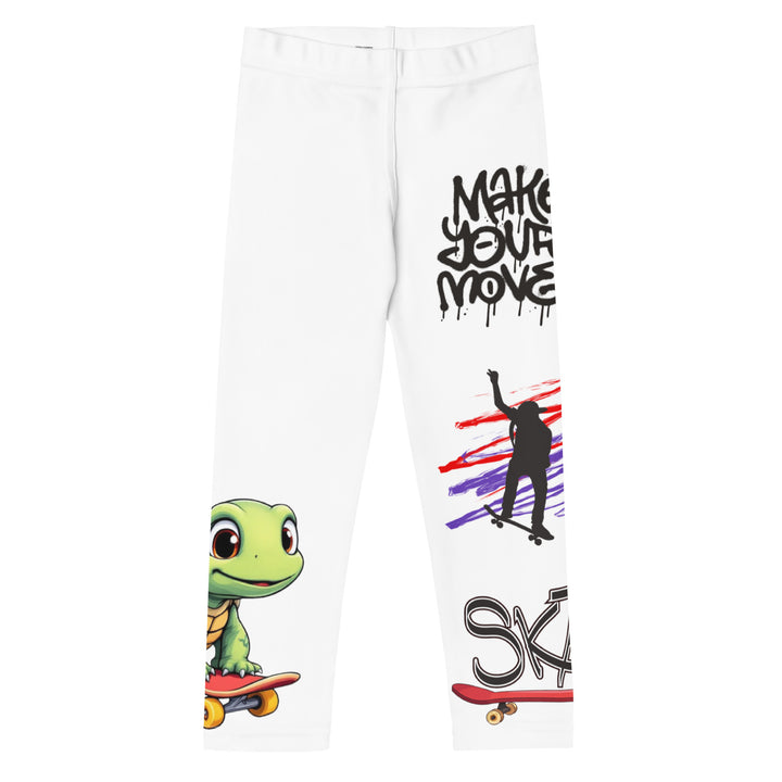  Skater Turtle Girls Leggings, white background with a green turtle riding a skateboard on one leg, black "MAKE YOUR MOVE" text and black skater silhouette with pink and purple motion lines on the other leg, and a skateboard with "skate" text at the bottom of the leg, front view