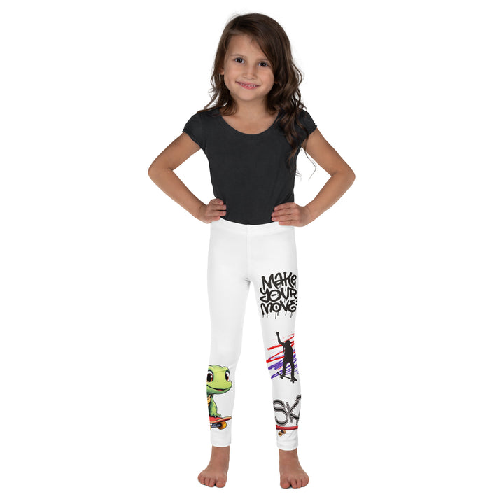  Skater Turtle Girls Leggings, white background with a green turtle riding a skateboard on one leg, black "MAKE YOUR MOVE" text and black skater silhouette with pink and purple motion lines on the other leg, and a skateboard with "skate" text at the bottom of the leg, front view on model