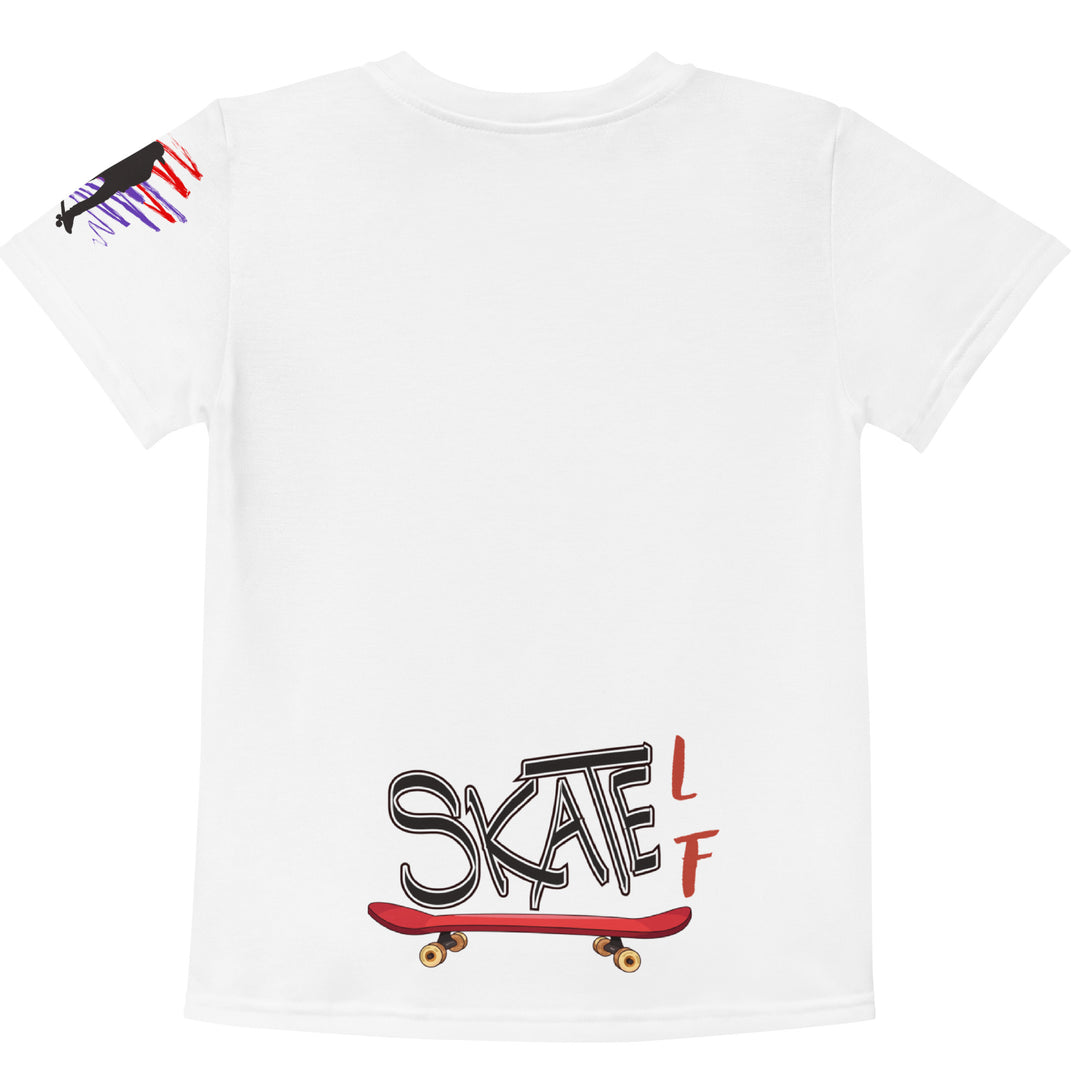 Skater Turtle Girls T-shirt, white background with a green turtle on a skateboard and black "MAKE YOUR MOVE" text on the front, black skater silhouette with pink and purple motion lines on the left sleeve, and a skateboard with "SKATE" text at the bottom back of the shirt, back view