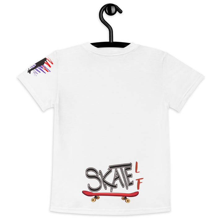 Skater Turtle Girls T-shirt, white background with a green turtle on a skateboard and black "MAKE YOUR MOVE" text on the front, black skater silhouette with pink and purple motion lines on the left sleeve, and a skateboard with "SKATE" text at the bottom back of the shirt, back view on hanger