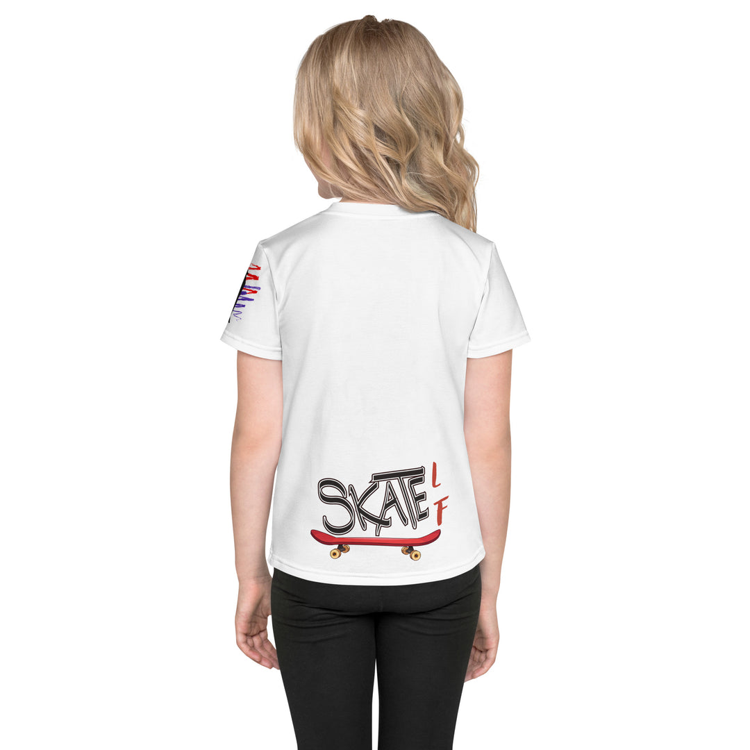  Skater Turtle Girls T-shirt, white background with a green turtle on a skateboard and black "MAKE YOUR MOVE" text on the front, black skater silhouette with pink and purple motion lines on the left sleeve, and a skateboard with "SKATE" text at the bottom back of the shirt, back view on model