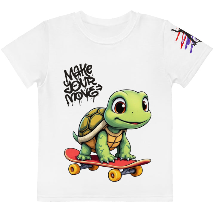 Skater Turtle Girls T-shirt, white background with a green turtle on a skateboard and black "MAKE YOUR MOVE" text on the front, black skater silhouette with pink and purple motion lines on the left sleeve, and a skateboard with "SKATE" text at the bottom back of the shirt, front view