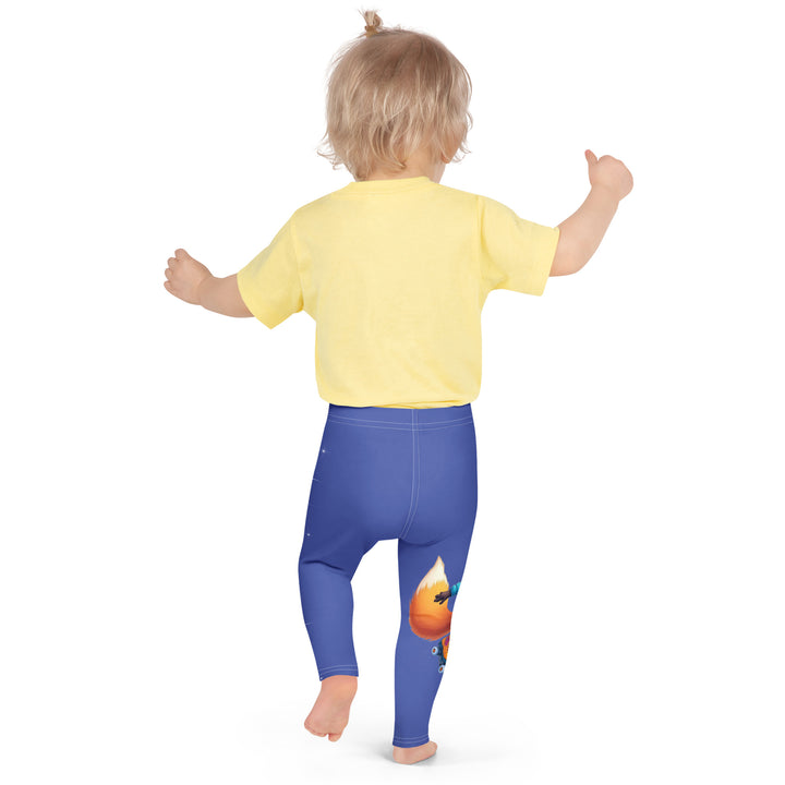 Starlight Fox Girls Leggings, dark blue background with a fox wearing blue, pink, and yellow sporty outfit on roller skates on one leg, and large sparkling white stars with small matching stars running down the other leg, back pose on model