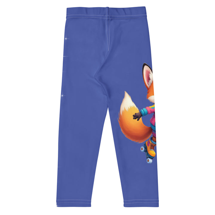 Starlight Fox Girls Leggings, dark blue background with a fox wearing blue, pink, and yellow sporty outfit on roller skates on one leg, and large sparkling white stars with small matching stars running down the other leg, back view