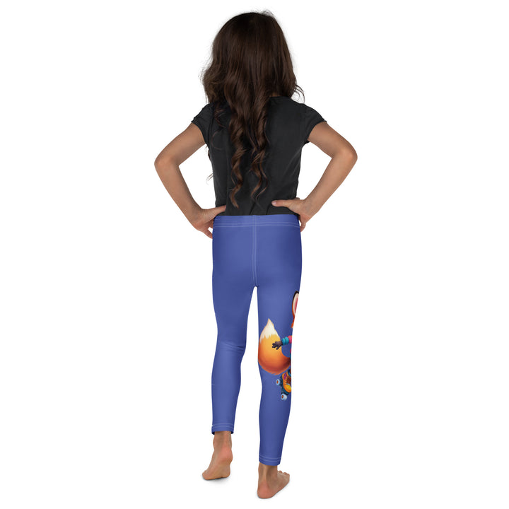 Starlight Fox Girls Leggings, dark blue background with a fox wearing blue, pink, and yellow sporty outfit on roller skates on one leg, and large sparkling white stars with small matching stars running down the other leg, back view on model