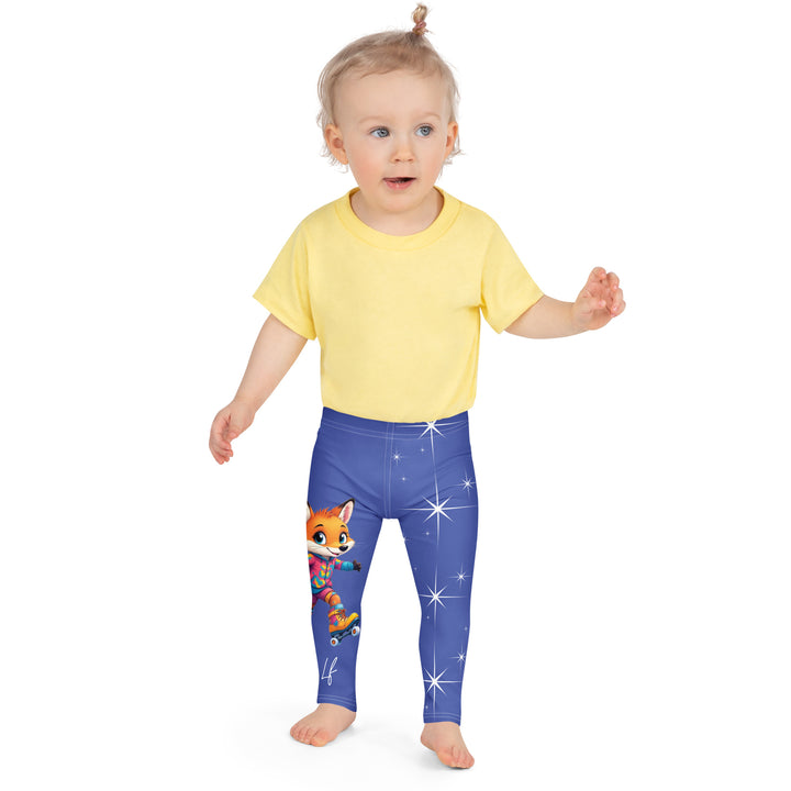Starlight Fox Girls Leggings, dark blue background with a fox wearing blue, pink, and yellow sporty outfit on roller skates on one leg, and large sparkling white stars with small matching stars running down the other leg, front close-up view on model