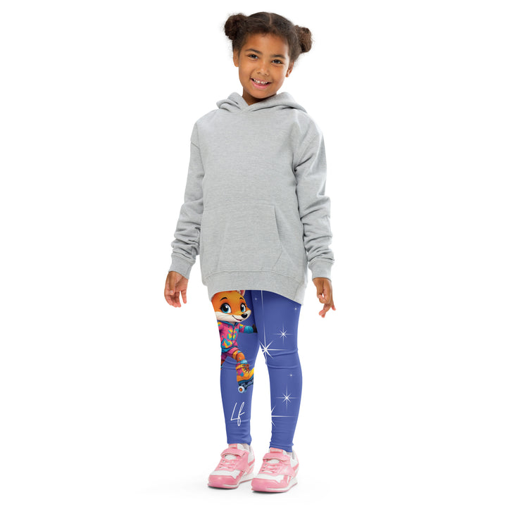 Starlight Fox Girls Leggings, dark blue background with a fox wearing blue, pink, and yellow sporty outfit on roller skates on one leg, and large sparkling white stars with small matching stars running down the other leg, front pose with arms at sides on model
