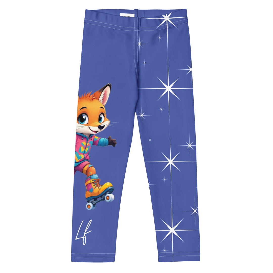  Starlight Fox Girls Leggings, dark blue background with a fox wearing blue, pink, and yellow sporty outfit on roller skates on one leg, and large sparkling white stars with small matching stars running down the other leg, front view
