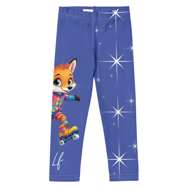  Starlight Fox Girls Leggings, dark blue background with a fox wearing blue, pink, and yellow sporty outfit on roller skates on one leg, and large sparkling white stars with small matching stars running down the other leg, front view
