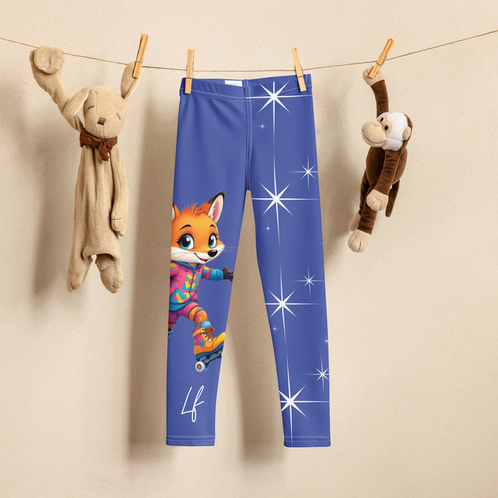  Starlight Fox Girls Leggings, dark blue background with a fox wearing blue, pink, and yellow sporty outfit on roller skates on one leg, and large sparkling white stars with small matching stars running down the other leg, front view on hanger