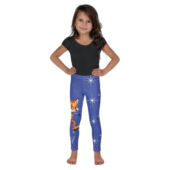 Starlight Fox Girls Leggings, dark blue background with a fox wearing blue, pink, and yellow sporty outfit on roller skates on one leg, and large sparkling white stars with small matching stars running down the other leg, front view on model